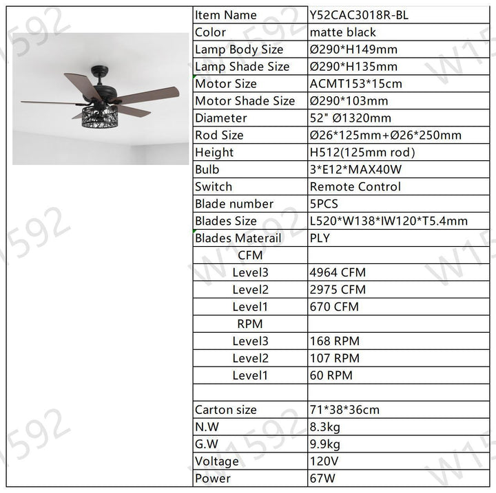 Farmhouse Industrial 52-inch Ceiling Fan (Optional Remote&2 Color Option Blades)  or Bedroom, Living Room, Dining Room