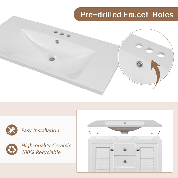 36" Bathroom Vanity with Ceramic Basin, Two Cabinets and Drawers, Open Shelf, Solid Wood Frame, White (OLD SKU: SY999101AAK)