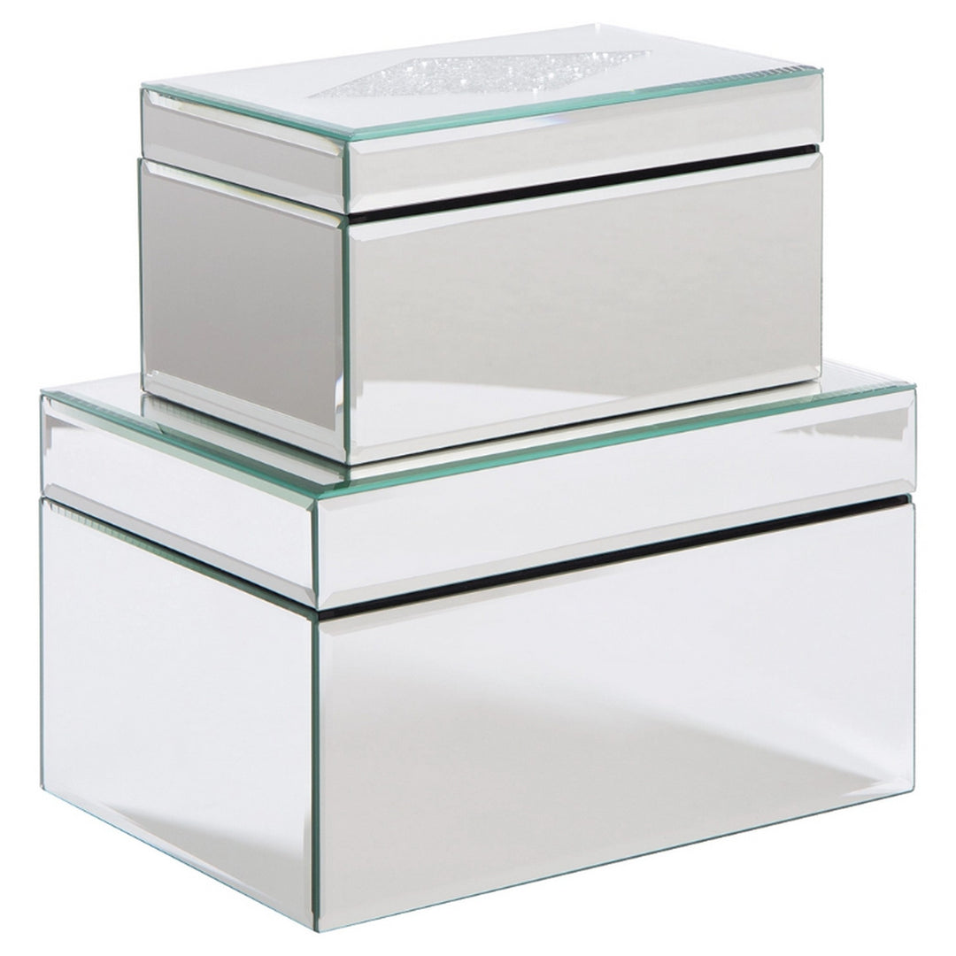 Mirrored Box with Acrylic Diamond Pattern, Set of 2, Silver