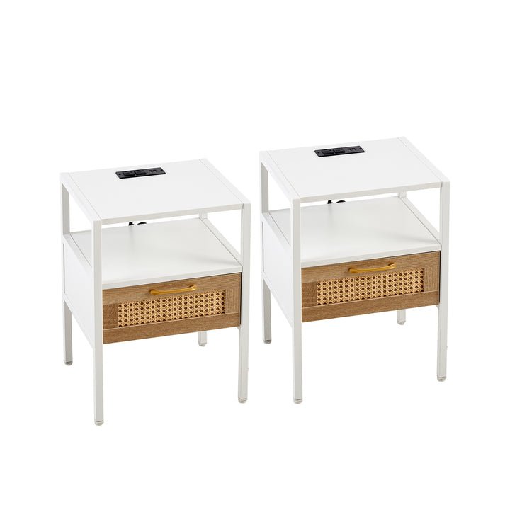 Set of 2, 15.75" Rattan End table with Power Outlet & USB Ports , Modern nightstand with drawer and metal legs, side table for living room, bedroom,white