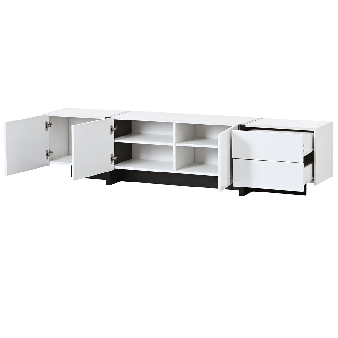 [VIDEO provided] ON-TREND White & Black Contemporary Rectangle Design TV Stand, Unique Style TV Console Table for TVs Up to 80'', Modern TV Cabinet with High Gloss UV Surface for Living Room.