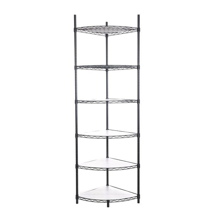 6 Tier Shelf Corner Wire Shelf Rack Adjustable Metal Heavy Duty Free Standing Corner Storage Display Chrome Rack for Bathroom, Living Room, Kitchen - Black