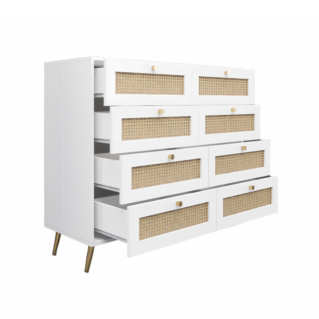 White Color 8 Drawers Chest of Drawers with Rattan Drawer Face Golden Legs and Handles