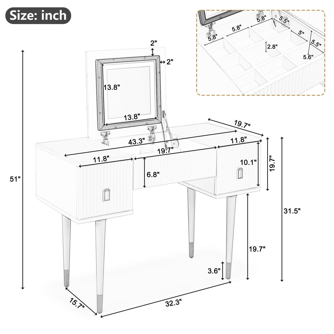 43.3" Modern Vanity Table Set with Flip-top Mirror and LED Light, Dressing Table with Customizable Storage, Marble-style Stickers Tabletop, White and Gray