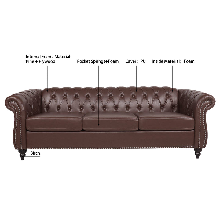 84.65" Dark Brown PU Rolled Arm Chesterfield Three Seater Sofa.