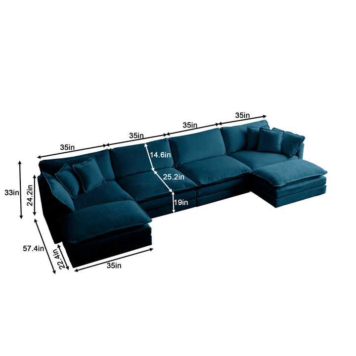 U-Shaped Sectional Sofa w/Reversible Footrest, 5-Seater Convertible Corner Couch with 2 Ottomans ,Modern Minimalist Soft Sofa & Couch for Living Room , Blue Chenille