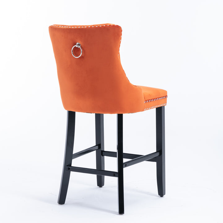 A&A Furniture,Contemporary Velvet Upholstered Barstools with Button Tufted Decoration and Wooden Legs, and Chrome Nailhead Trim, Leisure Style Bar Chairs,Bar stools, Set of 2 (Orange)