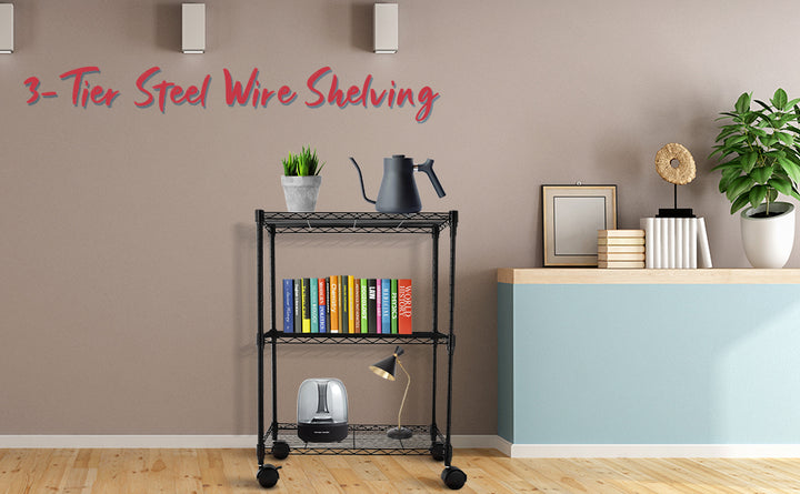 Simple Deluxe Heavy Duty 3-Shelf Shelving with Wheels, Adjustable Storage Units, Steel Organizer Wire Rack, 23" W x 13" D x 33" H, Black