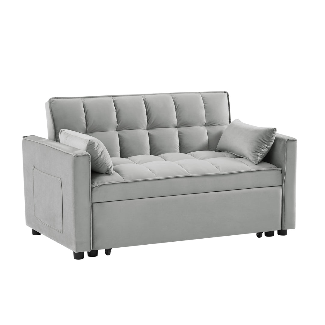 Modern Velvet Loveseat Futon Sofa Couch Pullout Bed, Small Love Seat Lounge Sofa w/Reclining Backrest, Toss Pillows, Pockets, Furniture for Living Room,3 in 1 Convertible Sleeper Sofa Bed,  Gray