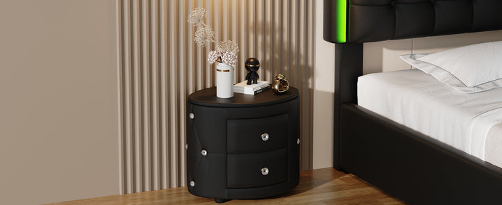 Elegant PU Nightstand with 2 Drawers and Crystal Handle,Fully Assembled Except Legs&Handles,Storage Bedside Table - Black