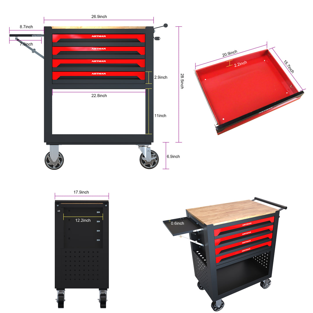 4 DRAWERS MULTIFUNCTIONAL TOOL CART WITH WHEELS AND WOODEN TOP