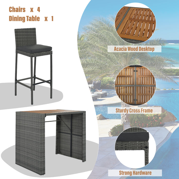 GO 5-pieces Outdoor Patio Wicker Bar Set, Bar Height Chairs With Non-Slip Feet And Fixed Rope, Removable Cushion, Acacia Wood Table Top, Brown Wood And Gray Wicker