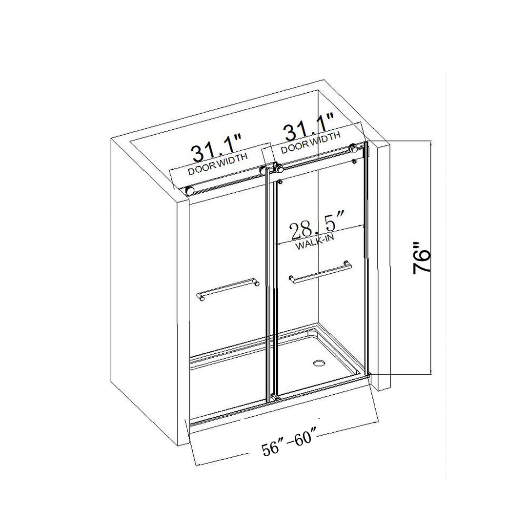 60*76" Double Sliding Frameless Shower Door Brushed Nickel With Buffer