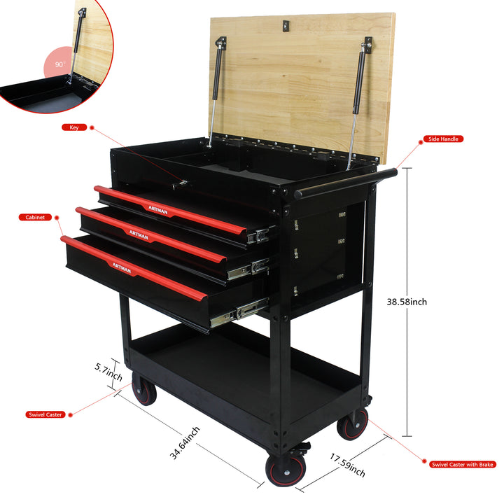 3 DRAWERS MULTIFUNCTIONAL TOOL CART WITH WHEELS AND WOODEN TOP