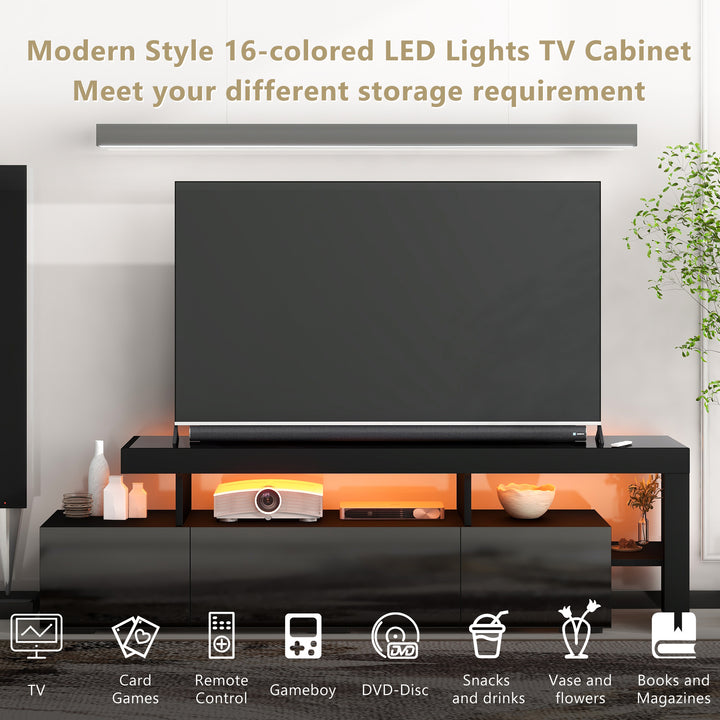 ON-TREND Modern Style 16-colored LED Lights TV Cabinet,  UV High Gloss Surface Entertainment Center with DVD Shelf,  Up to 70 inch TV, Black