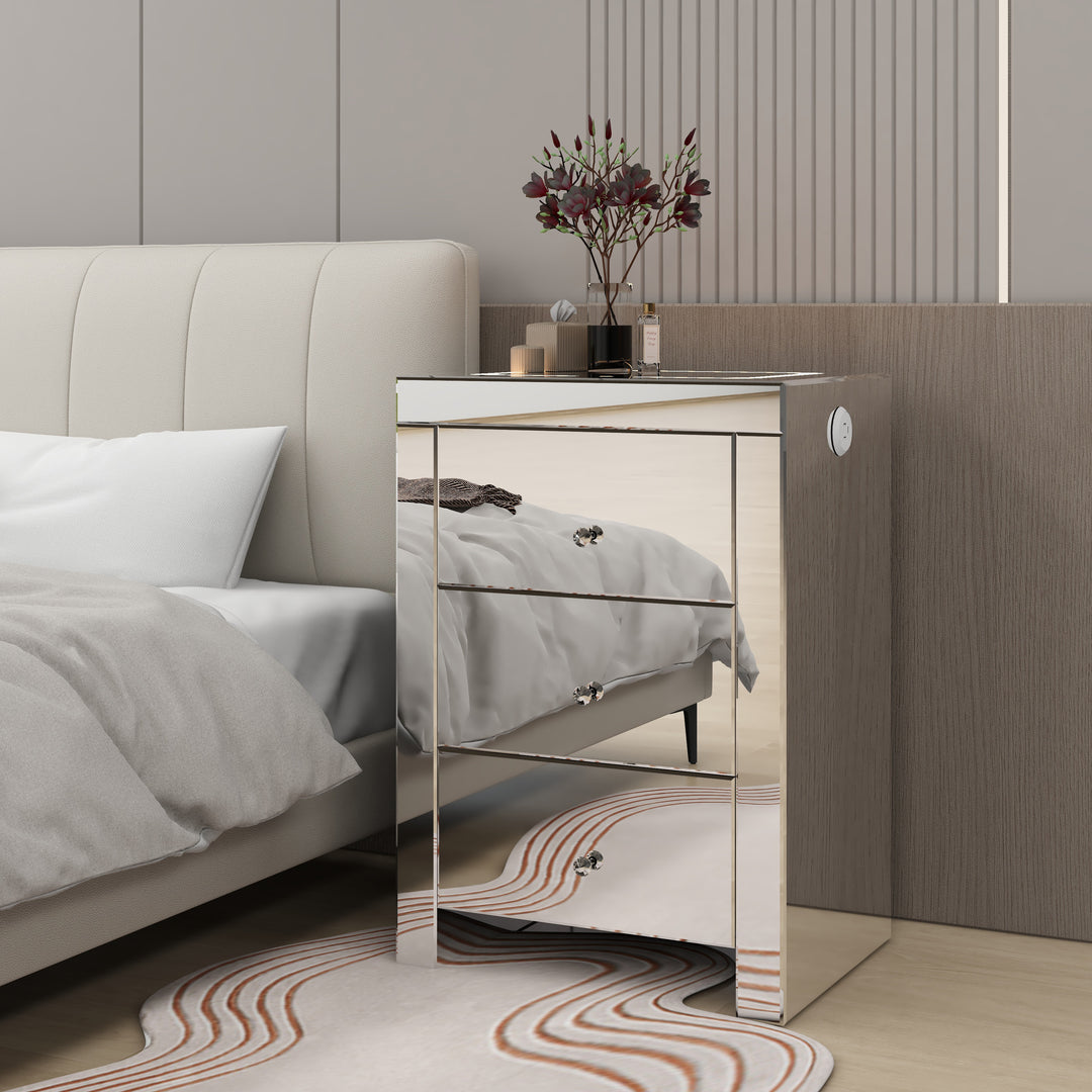 Silver glass nightstand for living room, bedside table with wireless charging and charging ports