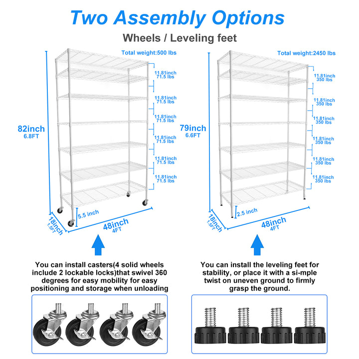 7 Tier Wire Shelving Unit, 2450 LBS NSF Height Adjustable Metal Garage Storage Shelves with Wheels, Heavy Duty Storage Wire Rack Metal Shelves - White