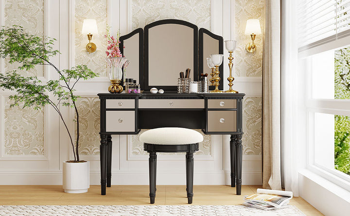 GO 43" Dressing Table Set with Mirrored Drawers and Stool, Tri-fold Mirror, Makeup Vanity Set for Bedroom, Black