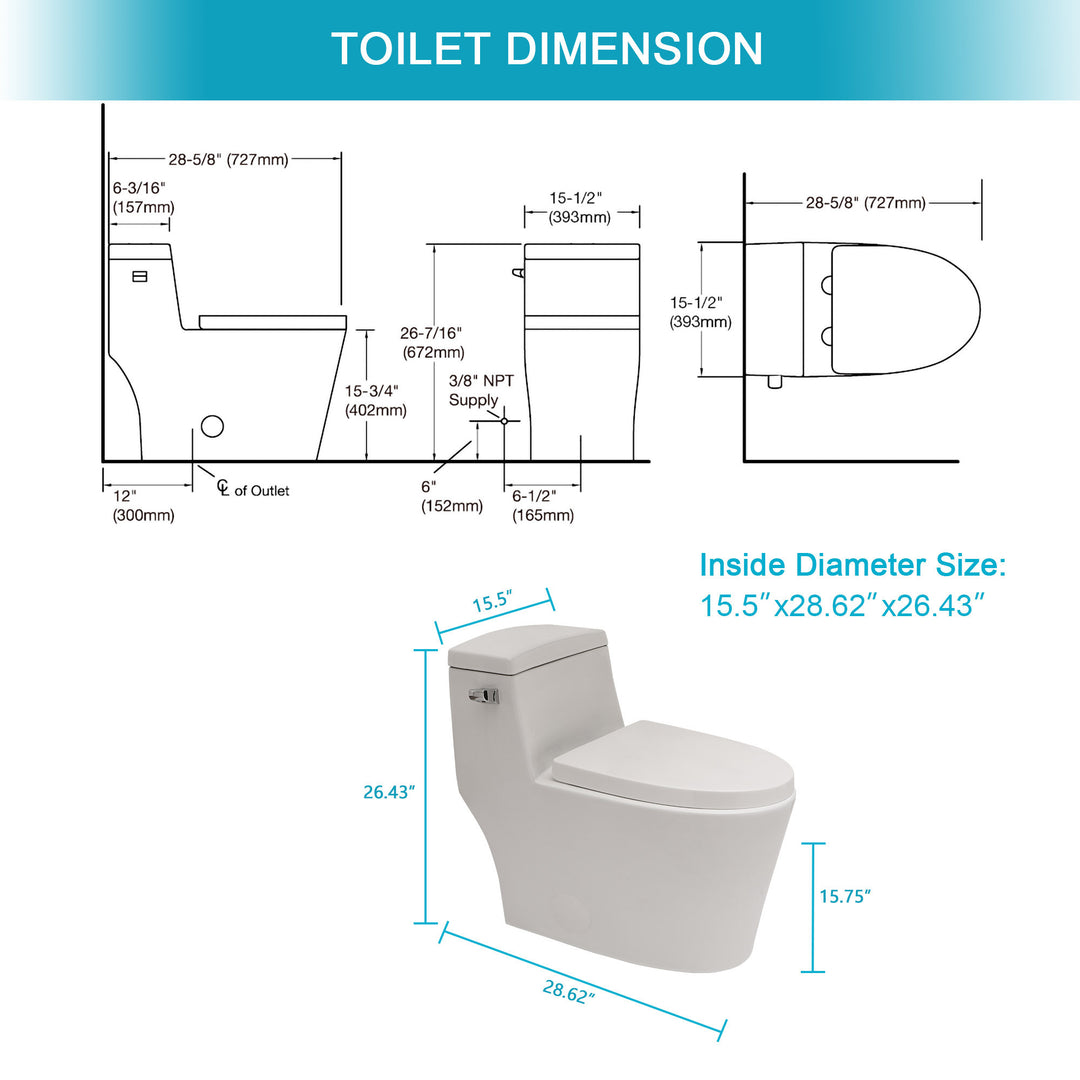 Ceramic One Piece Toilet,Single Flush with Soft Clsoing Seat