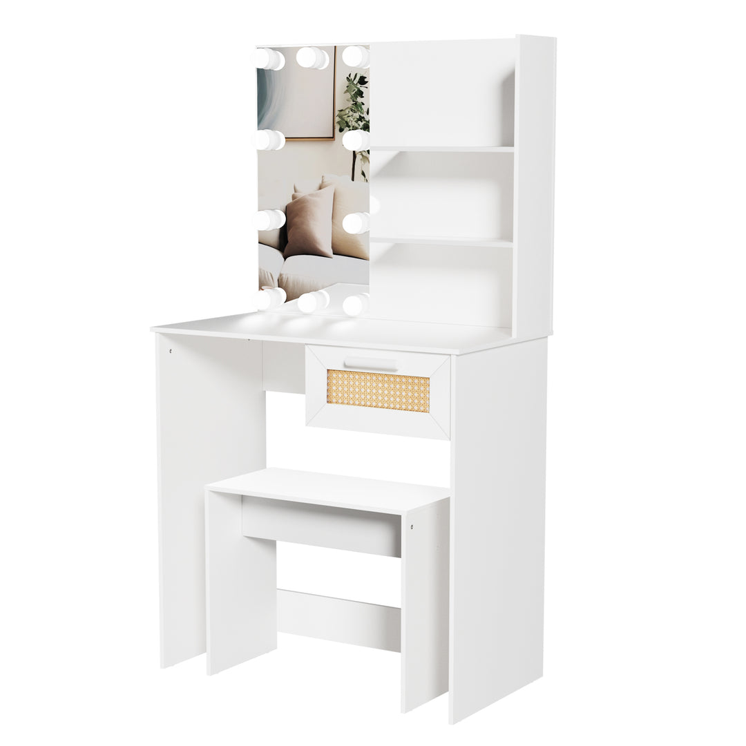 Vanity Desk Set Stool & Dressing Table with LED Lighting Mirror Drawer and Compartments Modern Wood Cosmetic Table Chest of Drawers White Color