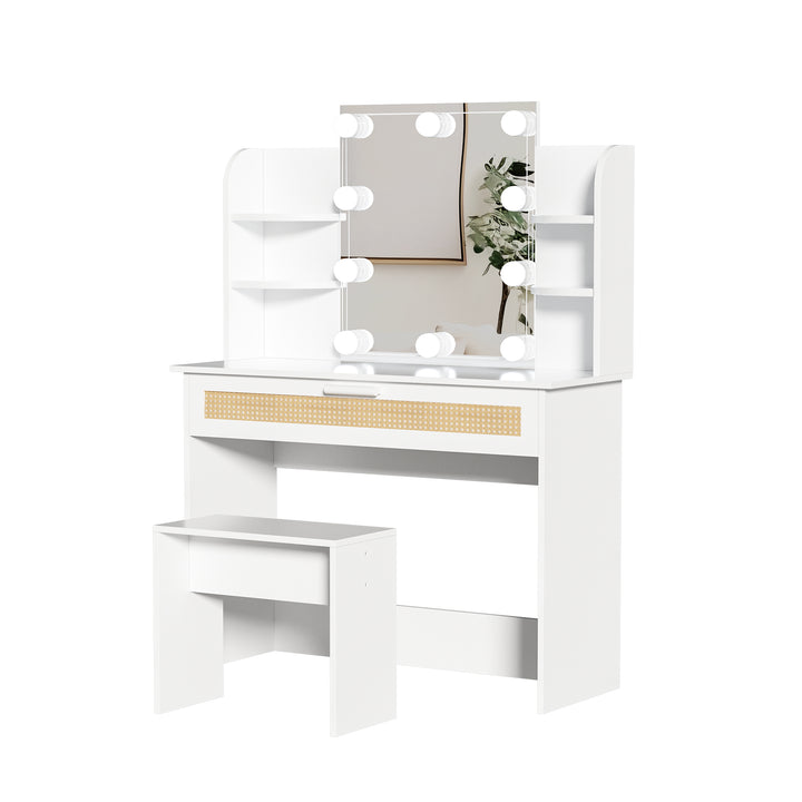 Vanity Desk Set Stool & Dressing Table with LED Lighting Mirror Drawer and Compartments Modern Wood Cosmetic Table Chest of Drawers White Color