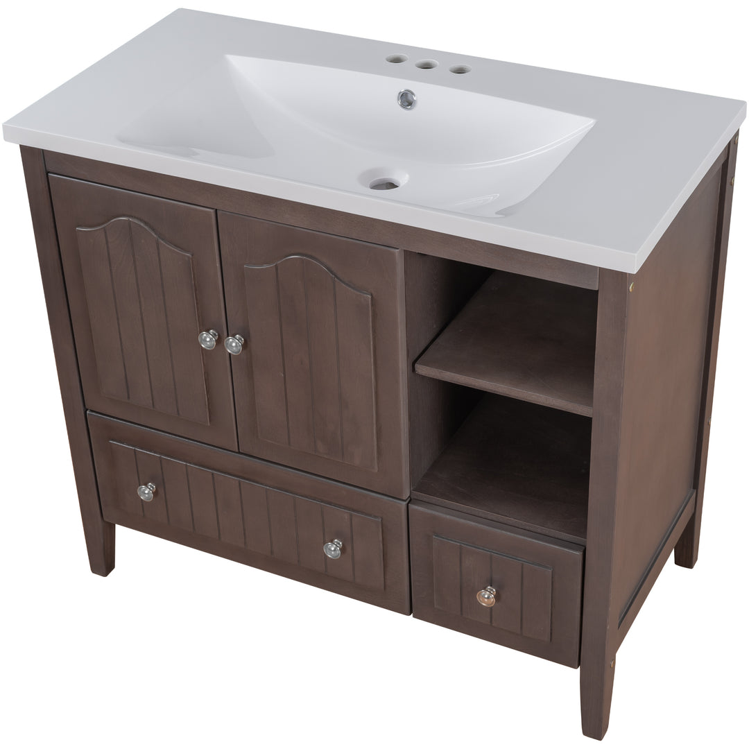 [VIDEO] 36" Bathroom Vanity with Ceramic Basin, Bathroom Storage Cabinet with Two Doors and Drawers, Solid Frame, Metal Handles, Brown (OLD SKU: JL000003AAD)