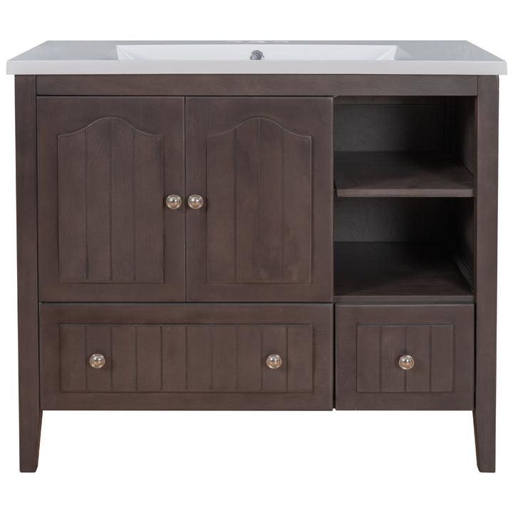 [VIDEO] 36" Bathroom Vanity with Ceramic Basin, Bathroom Storage Cabinet with Two Doors and Drawers, Solid Frame, Metal Handles, Brown (OLD SKU: JL000003AAD)