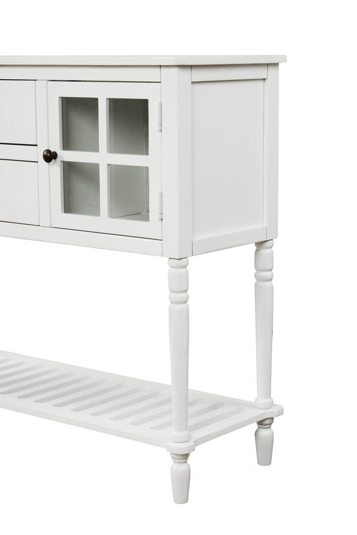 TREXM Sideboard Console Table with Bottom Shelf, Farmhouse Wood/Glass Buffet Storage Cabinet Living Room (White)