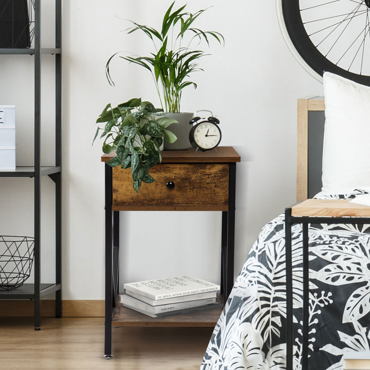 Set of 2 Nightstand Industrial End Table with Drawer, Storage Shelf and Metal Frame for Living Room, Bedroom, Rustic Brown