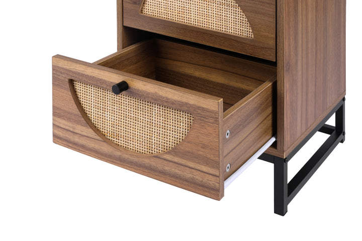 Rattan Nightstand Set of 2, Walnut End Table with 2 Natural Rattan Drawer & Metal Legs