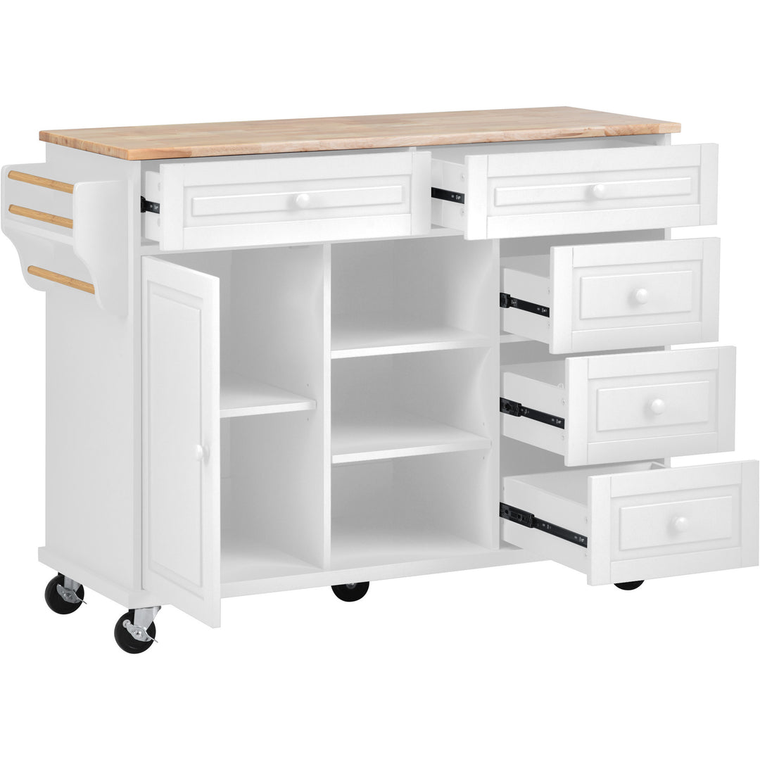 Kitchen cart with Rubber wood desktop rolling mobile kitchen island with storage and 5 draws 53 Inch  length(White)