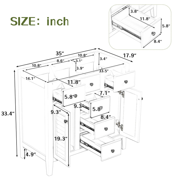 36" Bathroom Vanity without Sink, Cabinet Base Only, Two Cabinets and Five Drawers, Solid Wood Frame, Grey