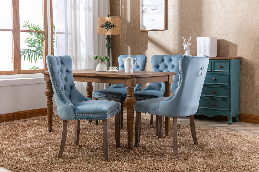 Nikki Collection Modern, High-end Tufted Solid Wood Contemporary Velvet Upholstered Dining Chair with Wood Legs Nailhead Trim 2-Pcs Set,Light Blue, SW2001LB