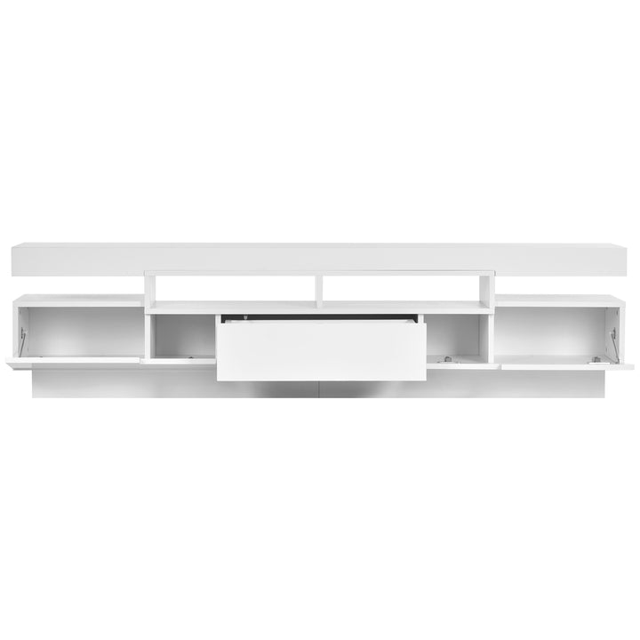 On-Trend TV Stand with 4 Open Shelves, Modern High Gloss Entertainment Center for 75 Inch TV, Universal TV Storage Cabinet with 16-color RGB LED Color Changing Lights, White