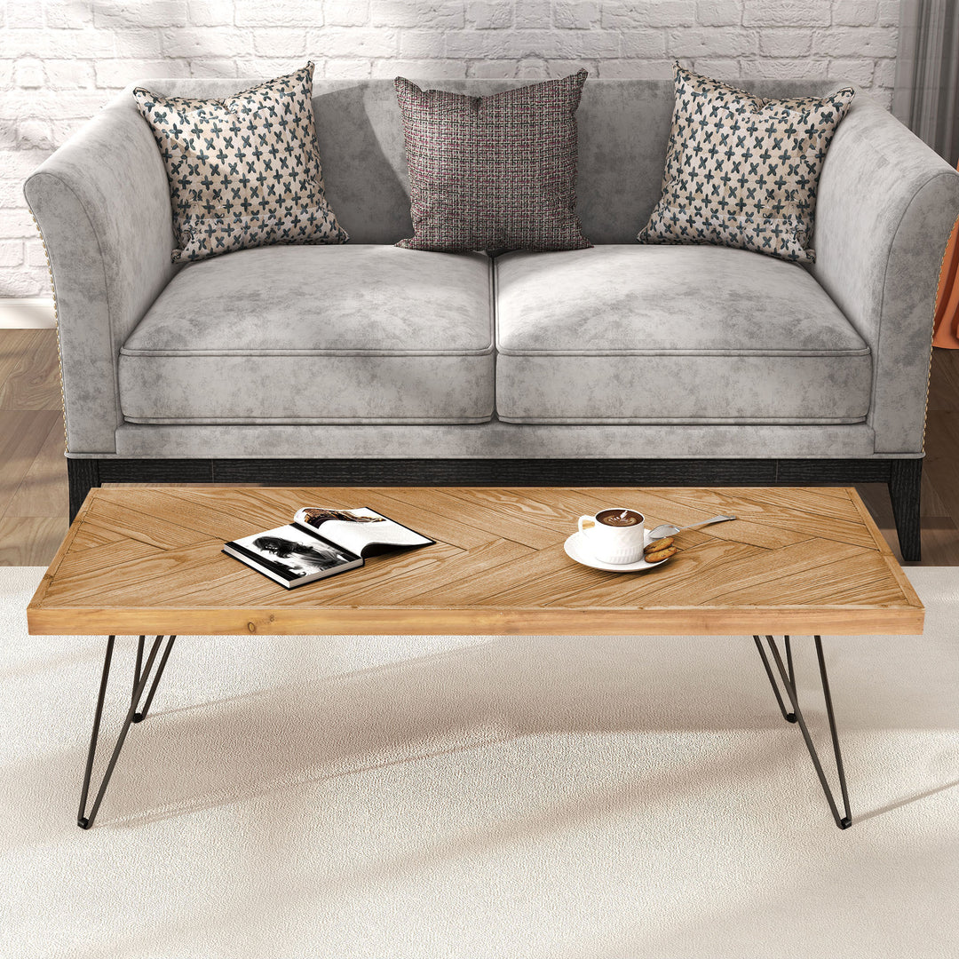 ON-TREND Modern Coffee Table, Easy Assembly Tea Table, Cocktail Table with w/Chevron Pattern & Metal Hairpin Legs for Living Room, Ash Wood Finished