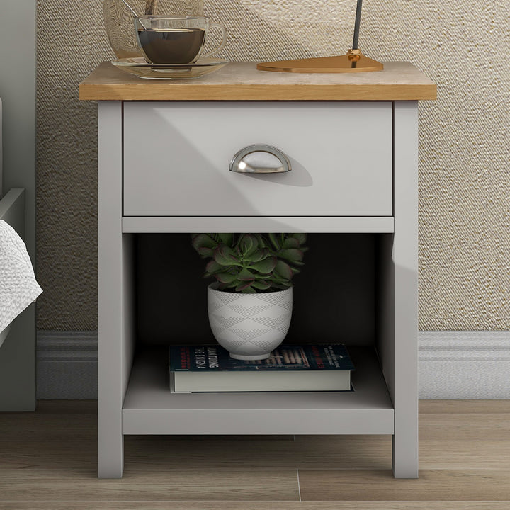 Country Gray Solid One Drawer Nightstand Side Table with Oak Top