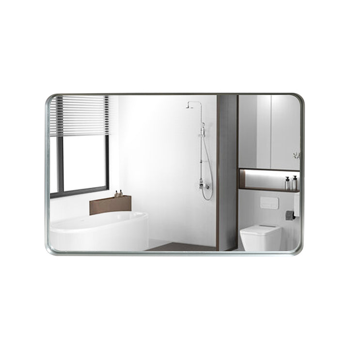 40x30inch Brushed Silver Rounded Corner Rectangle Bathroom Mirror For Wall Metal Frame Wall Mounted Bathroom Mirror Vanity Bathroom Mirror(Horizontal & Vertical)