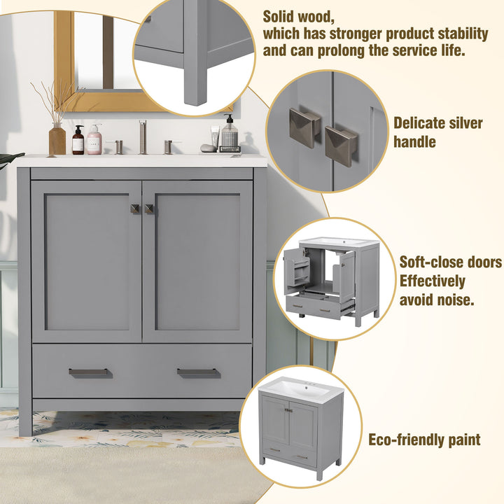 30" Grey Bathroom Vanity with Single Sink, Combo Cabinet Undermount Sink, Bathroom Storage Cabinet with 2 Doors and a Drawer, Soft Closing, Multifunctional Storage, Solid Wood Frame