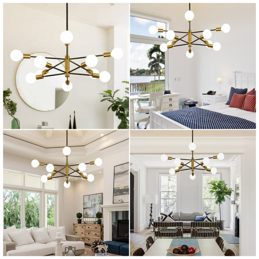 Modern American Chandeliers, Satellite Chandeliers, Black Gold Restaurant Chandeliers, Ivory Glass Lampshades, 10 Bulbs (Excluding Bulbs)