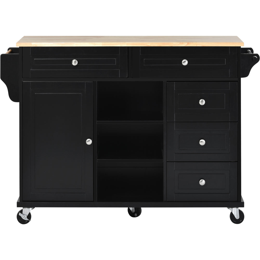 Kitchen cart with Rubber wood desktop rolling mobile kitchen island with storage and 5 draws 53 Inch length (Black)