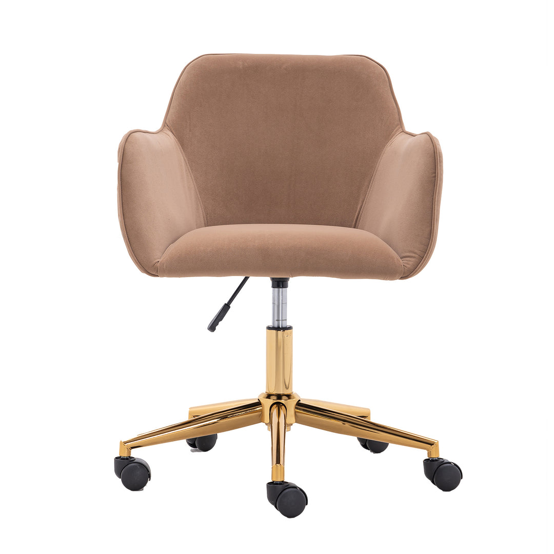 Modern Velvet Fabric Material Adjustable Height 360 revolving Home Office Chair with Gold Metal Legs and Universal Wheels for Indoor,Light Coffee Brown