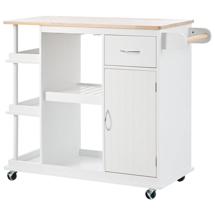 Multipurpose Kitchen Cart Cabinet with Side Storage Shelves,Rubber Wood Top, Adjustable Storage Shelves, 5 Wheels, Kitchen Storage Island with Wine Rack for Dining Room, Home,Bar,White