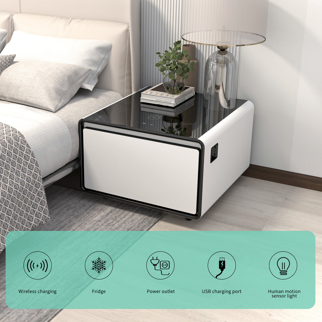 Modern Smart Side Table with Built-in Fridge, Wireless Charging, Temperature Control, Power Socket, USB Interface, Outlet Protection, Induction Light, White