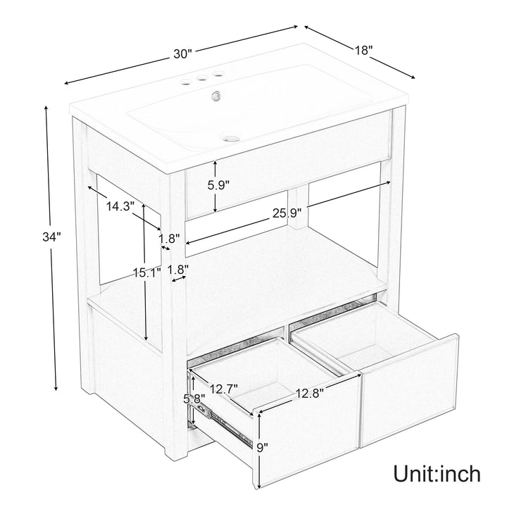 30" Bathroom Vanity with Sink Top, Bathroom Cabinet with Open Storage Shelf and Two Drawers, Brown