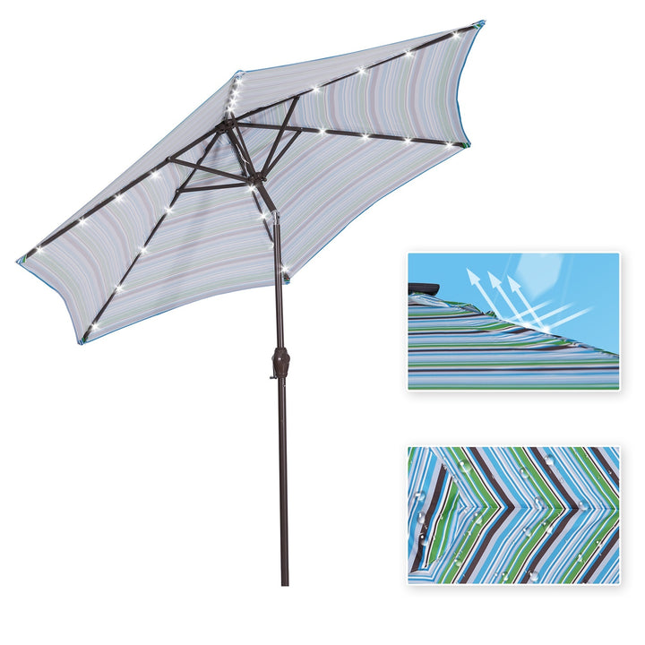 Outdoor Patio 8.7-Feet Market Table Umbrella with Push Button Tilt and Crank, Blue Stripes With 24 LED Lights[Umbrella Base is not Included]