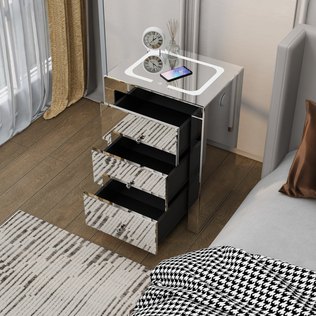 Silver glass nightstand for living room, bedside table with wireless charging and charging ports