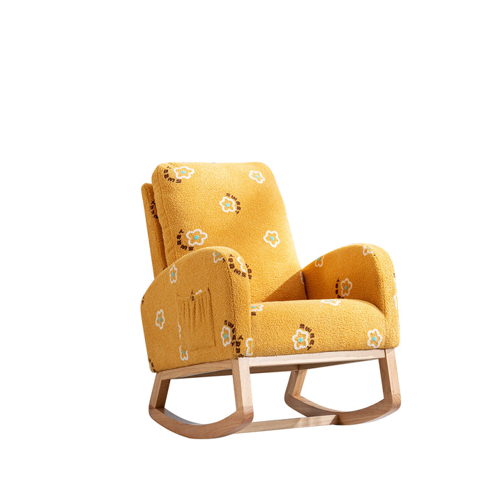 26.8"W Modern Rocking Chair for Nursery, Mid Century Accent Rocker Armchair With Side Pocket, Upholstered High Back Wooden Rocking Chair for Living Room Baby Kids Room Bedroom, Mustard Boucle