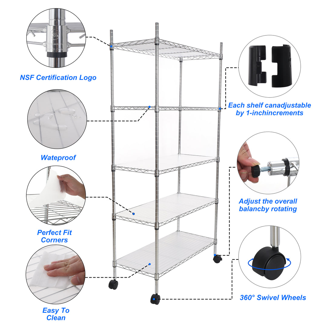 5 Tier Shelf Wire Shelving Unit, NSF Heavy Duty Wire Shelf Metal Large Storage Shelves Height Adjustable Utility for Garage Kitchen Office Commercial Shelving Steel Layer Shelf - Chrome