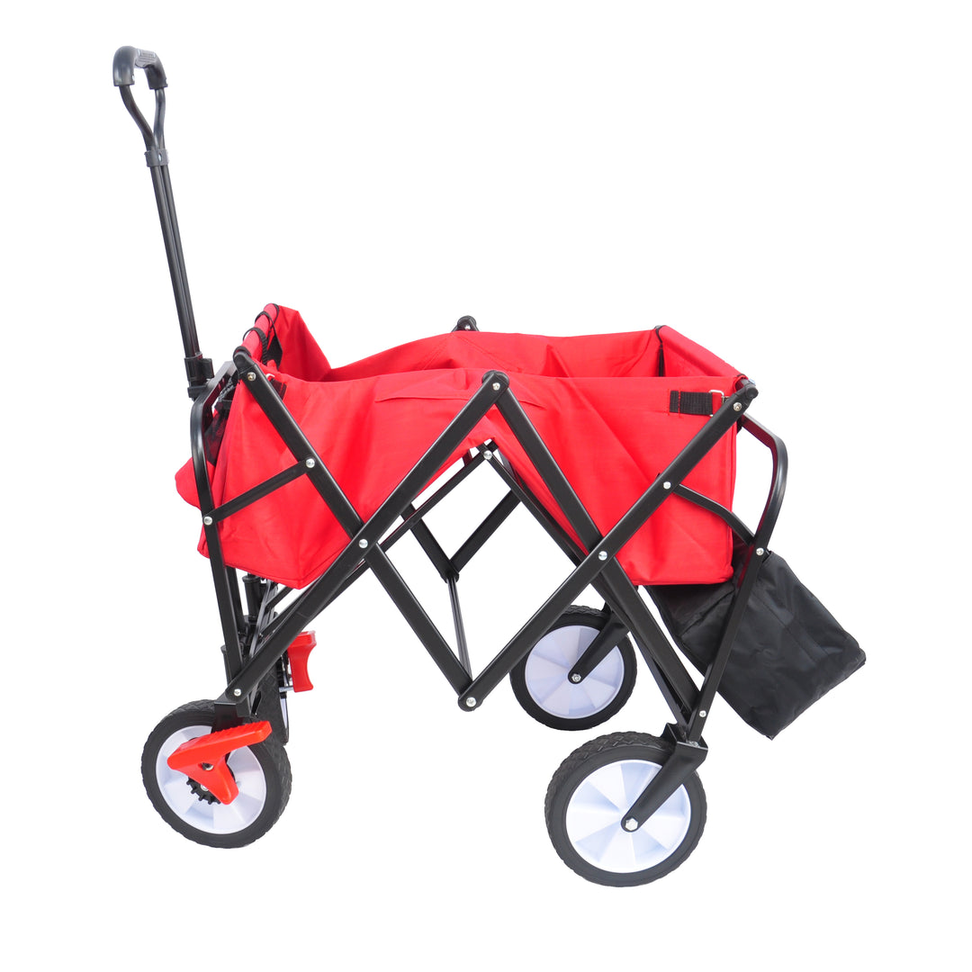 Folding station wagon garden shopping ATV with back frame and retractable handle.