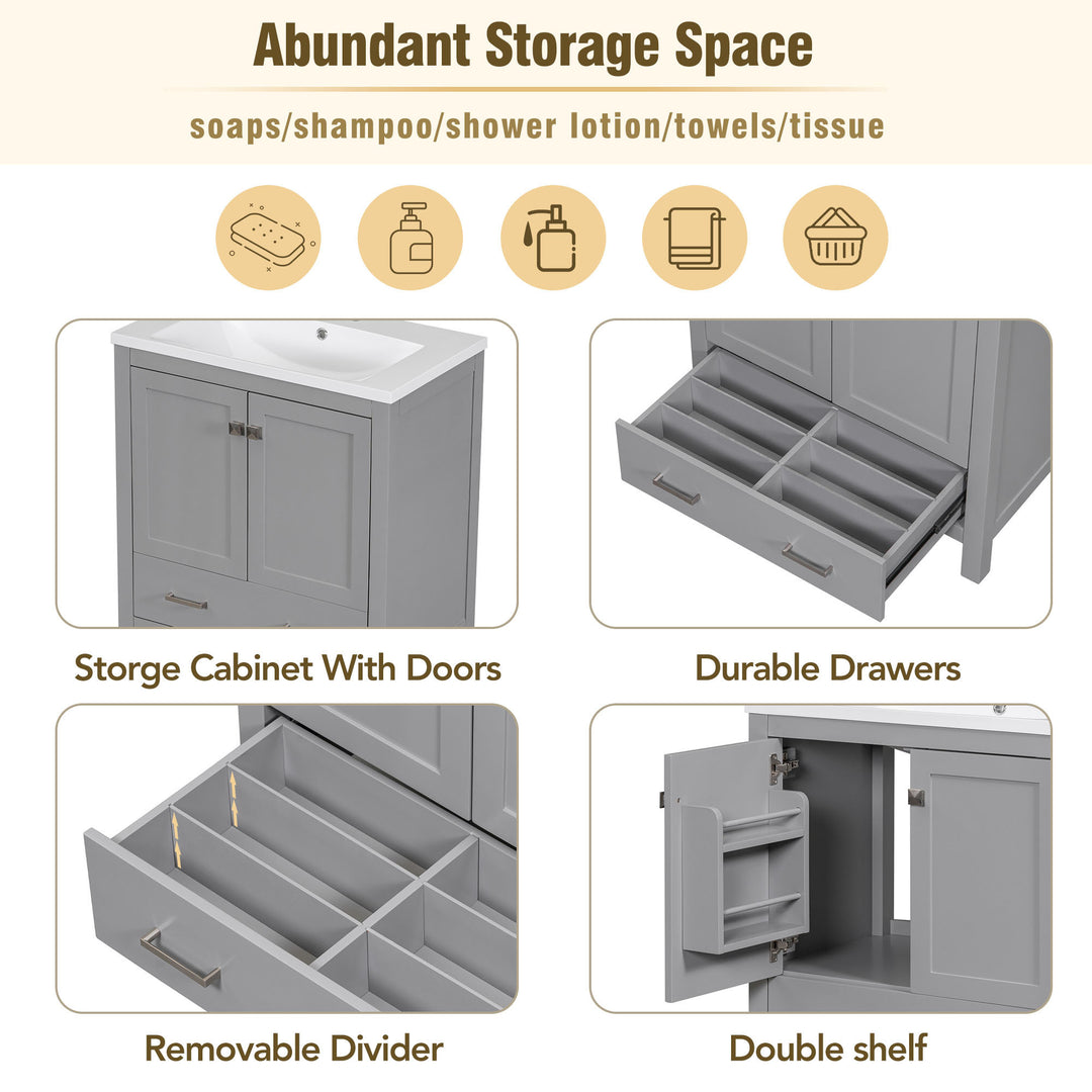 30" Grey Bathroom Vanity with Single Sink, Combo Cabinet Undermount Sink, Bathroom Storage Cabinet with 2 Doors and a Drawer, Soft Closing, Multifunctional Storage, Solid Wood Frame